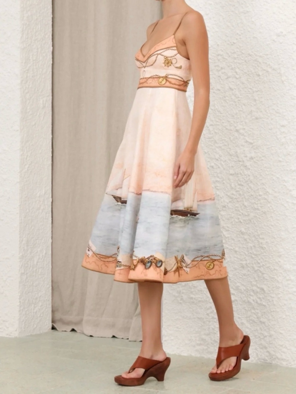 Scarborough Picnic Midi Dress In Peach Nautical Map 0 Authentic - Picture 6 of 8